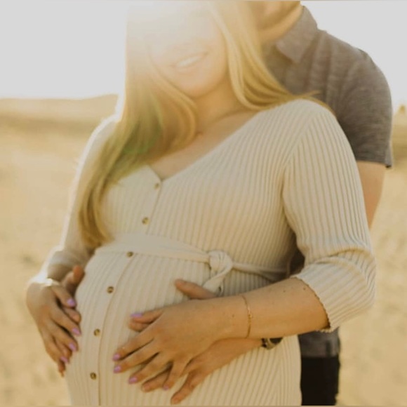 3/4 Sleeve Ribbed soft tan cream colored V neck Midi Dress size 10 - Picture 3 of 14